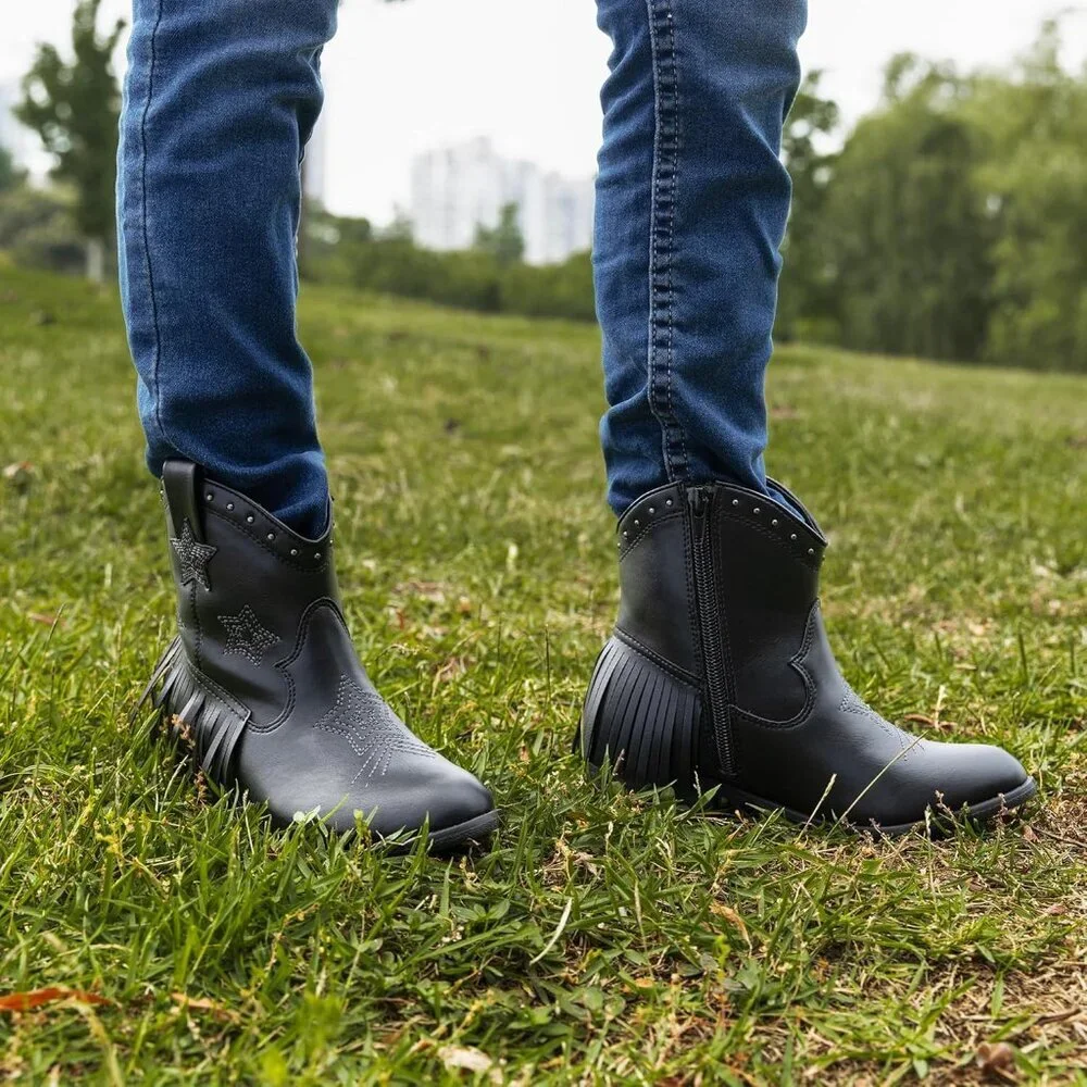 ⚡Girls Black Cowgirl Ankle Western Boots Side Zipper Riding Shoes With Tassel